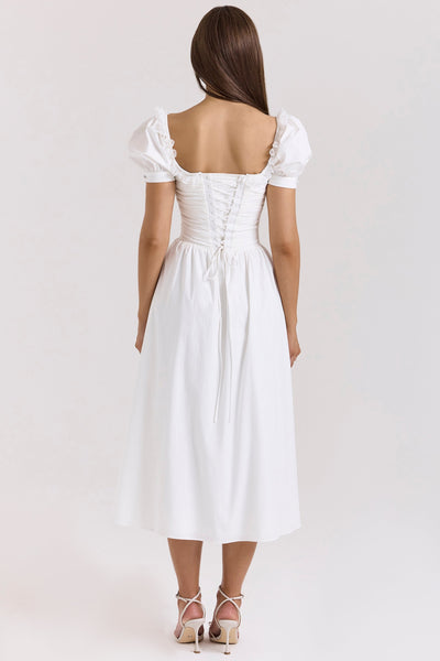 Lulabell | White Stretch Cotton Puff Sleeve Midi Dress